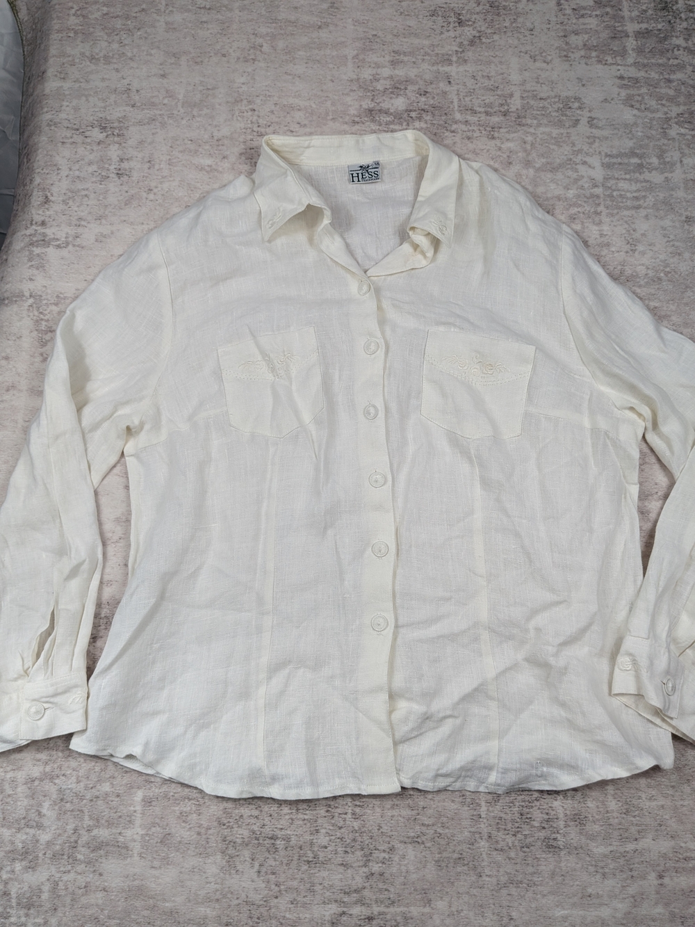 Vintage Hess Frackmann 100% Linen White Embroidered Button-Down Shirt Size 46 (U